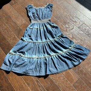 Indigo & Lace Denim Tiered Maxi Dress With Crochet Accents Smocked Waist Size S